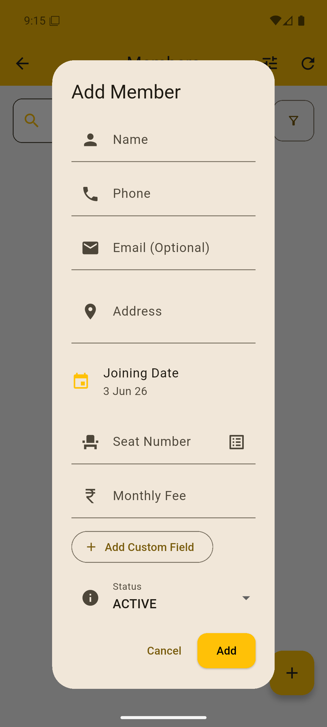 Add member form with name, phone, seat number and monthly fee
