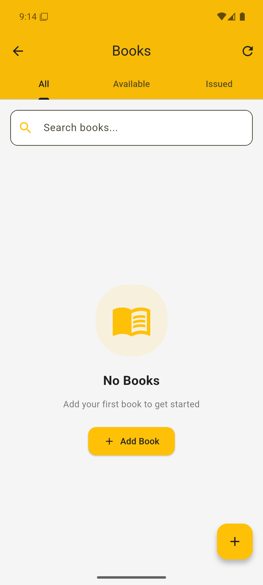 Books catalog with All, Available and Issued tabs