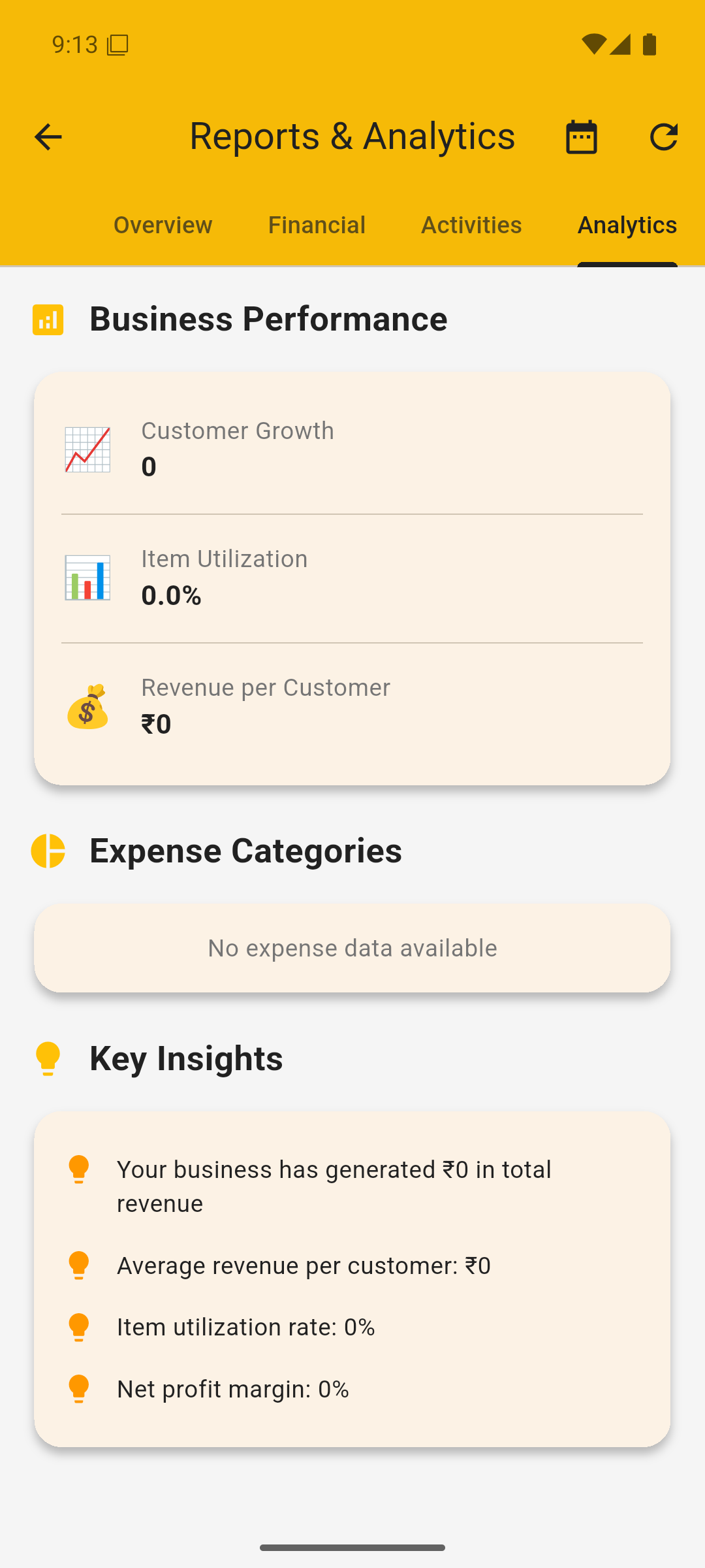 Analytics tab with business performance and key insights