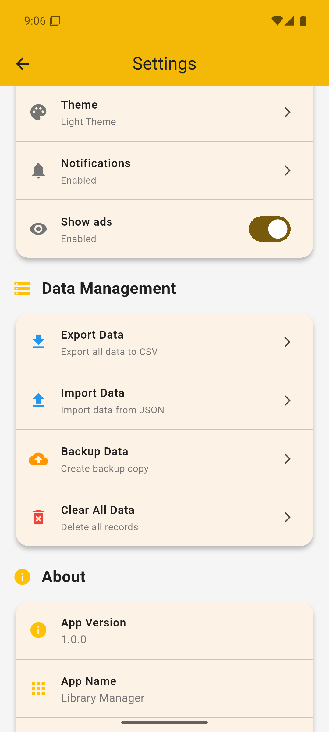 Data management with export to CSV, import and backup